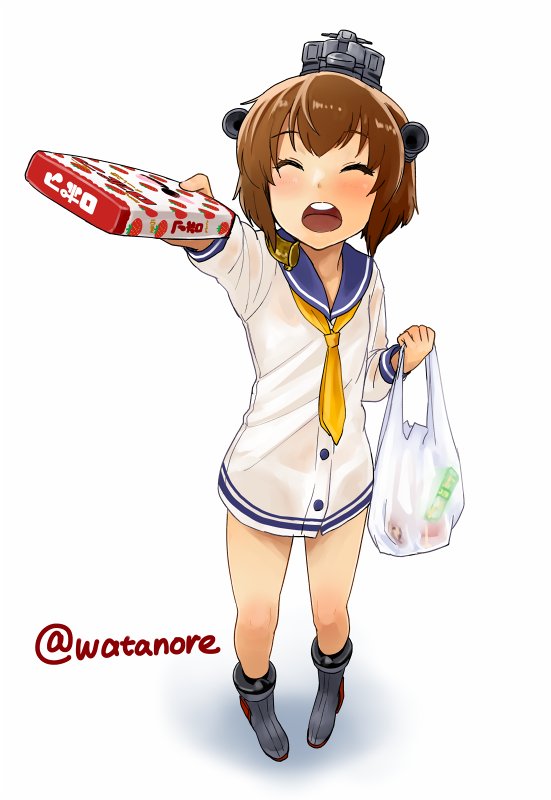 10s 1girl bag blush brown_hair closed_eyes commentary_request dress female_focus food foreshortening fruit full_body gift headgear headset holding holding_bag holding_gift kantai_collection long_sleeves neckerchief open_mouth outstretched_arm sailor_dress shoes shopping_bag short_hair solo strawberry strawberry_chocolate teeth twitter_username watanore white_background yukikaze_(kancolle)