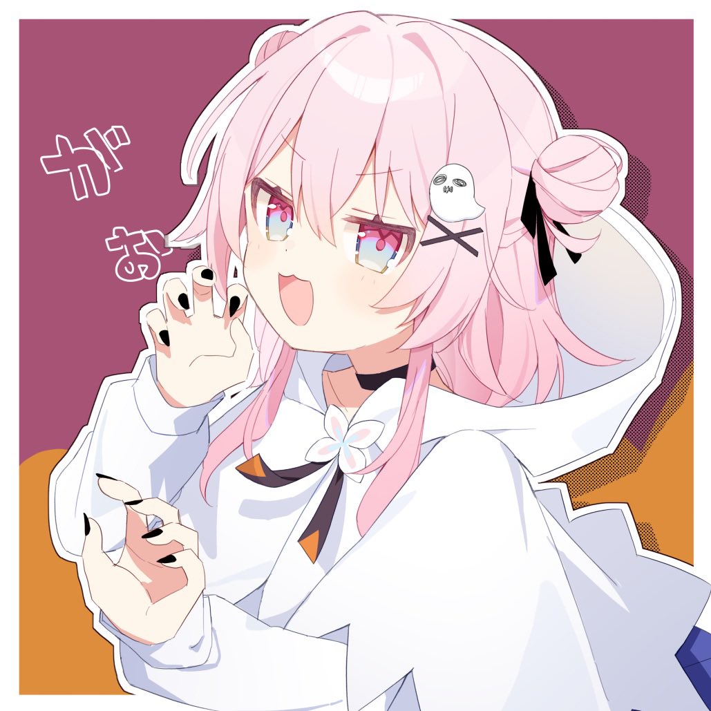 1girl black_choker black_nails blue_skirt choker claw_pose double_bun fingernails ghost_costume ghost_hair_ornament hair_bun honkai:_star_rail honkai_(series) hood hoodie march_7th_(honkai:_star_rail) multicolored_eyes open_mouth pink_hair sharp_fingernails simple_background skirt solo two-tone_eyes uwasewau white_hoodie