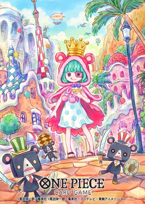 1girl :p cape child circle_print commentary_request copyright_name crown food green_hair hat holding holding_food holding_sword holding_weapon hood hooded_cape official_art one_piece one_piece_card_game palm_tree pom_pom_(cheerleading) short_hair sky smile sowsow striped_clothes striped_headwear sugar_(one_piece) sword tongue tongue_out toy tree vertical-striped_clothes vertical-striped_headwear weapon