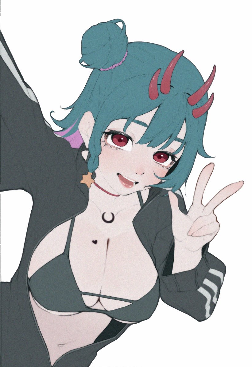 1girl :d anemoneeanemone bikini bikini_top_only black_bikini blue_hair breasts cleavage foreshortening from_above hair_bun hair_ornament hair_scrunchie heart horns jacket large_breasts looking_at_viewer multicolored_hair navel open_clothes open_jacket open_mouth original red_eyes red_horns scrunchie selfie simple_background smile solo star_(symbol) swimsuit v white_background