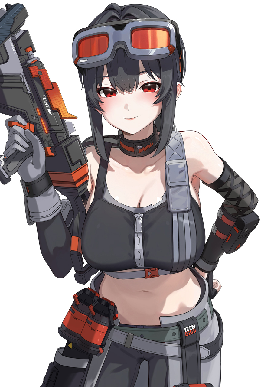 1girl asymmetrical_gloves black_choker black_gloves breasts choker cleavage closed_mouth collarbone fingerless_gloves gloves goggles goggles_on_head grace_howard grey_gloves gun highres holding holding_gun holding_weapon kfr large_breasts looking_at_viewer midriff mismatched_gloves navel red_eyes short_hair sidelocks simple_background smile solo weapon white_background zenless_zone_zero