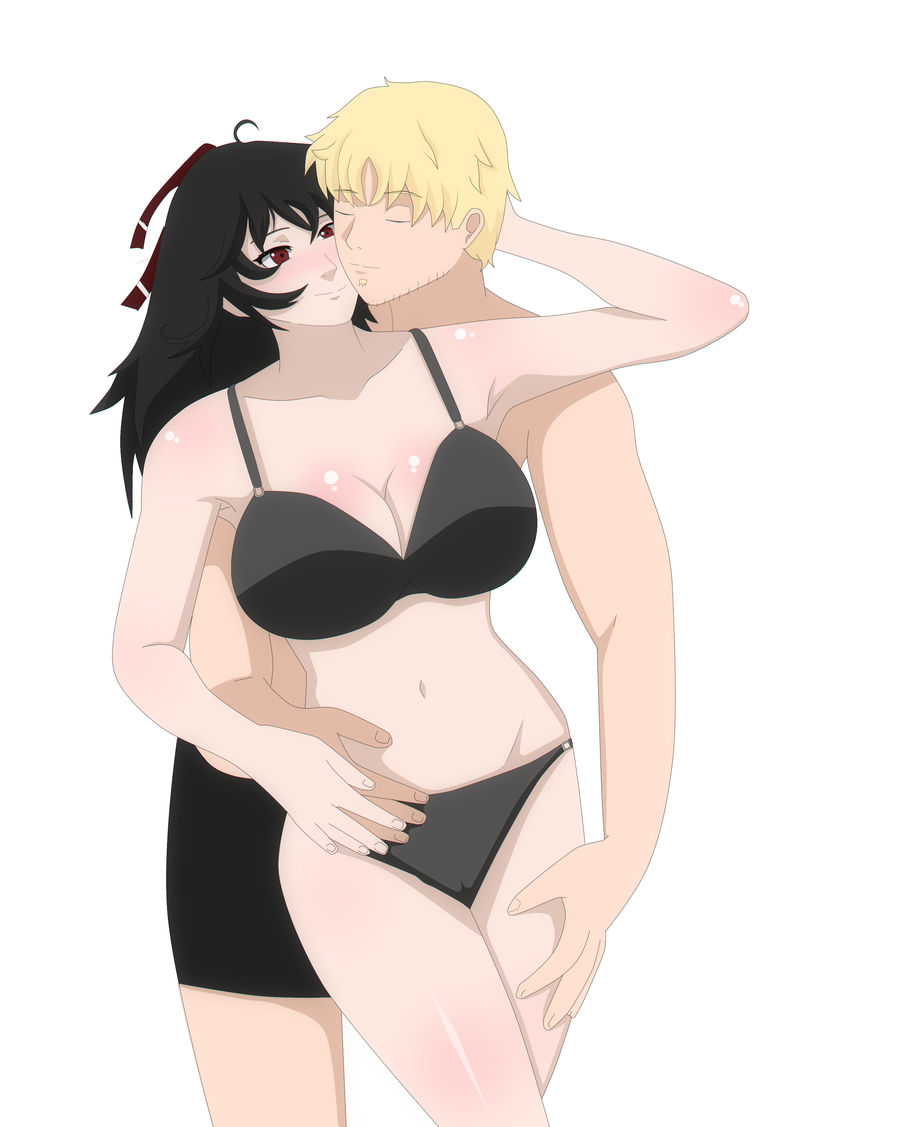 black_hair black_lingerie blonde_hair boxer_briefs boxers breasts couple closed_eyes happy kurotaka911 large_breasts lingerie long_hair male_underwear raven_branwen red_eyes rwby smile smile taiyang_xiao_long underwear