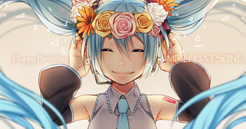 1girl ^_^ aona_(noraneko) armpit_peek arms_up bare_shoulders blue_hair blue_necktie blurry breasts character_name closed_eyes commentary_request depth_of_field detached_sleeves female_focus floating_hair flower grey_background grey_shirt hair_between_eyes hand_in_own_hair happy happy_birthday hatsune_miku head_wreath long_hair necktie orange_flower orange_rose pink_flower pink_rose rose shirt shoulder_tattoo simple_background sleeveless sleeveless_shirt small_breasts smile solo tattoo triangle twintails upper_body very_long_hair vocaloid white_flower yellow_flower