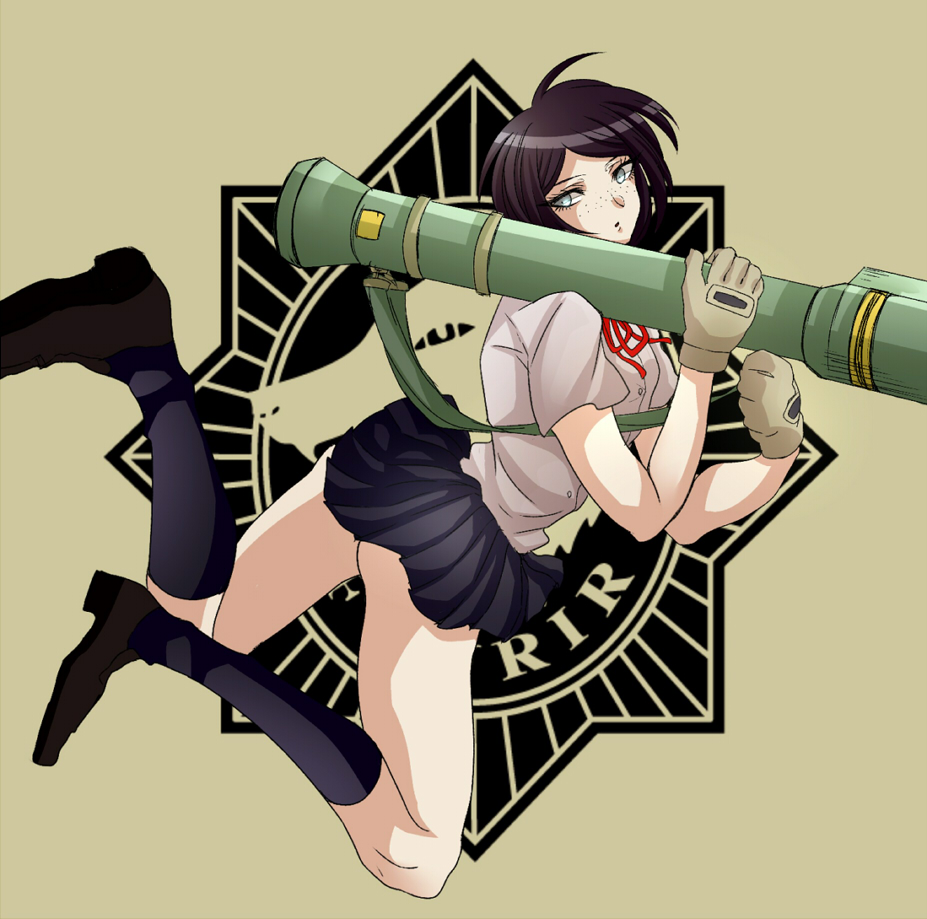 1girl ahoge ass black_footwear black_hair black_skirt blue_eyes calf_socks danganronpa:_trigger_happy_havoc danganronpa_(series) eyebrows eyelashes female_focus freckles full_body holding holding_rocket_launcher holding_weapon ikusaba_mukuro logo looking_back neck_ribbon open_mouth pleated_skirt red_ribbon ribbon rocket_launcher rpg_(weapon) shirt short_sleeves simple_background skirt solo weapon white_shirt wolf