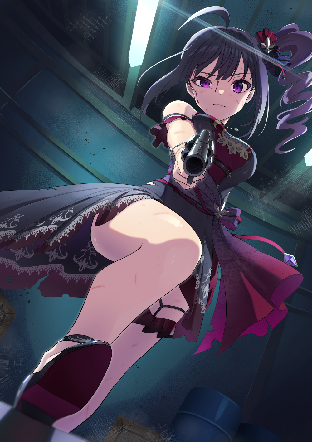 1girl ahoge aiming aiming_at_viewer black_dress breasts brown_hair closed_mouth dress drill_hair gun hair_ornament handgun highres holding holding_gun holding_weapon idolmaster idolmaster_million_live! indoors kamille_(vcx68) looking_at_viewer medium_breasts purple_eyes side_drill side_ponytail sleeveless sleeveless_dress solo weapon yokoyama_nao