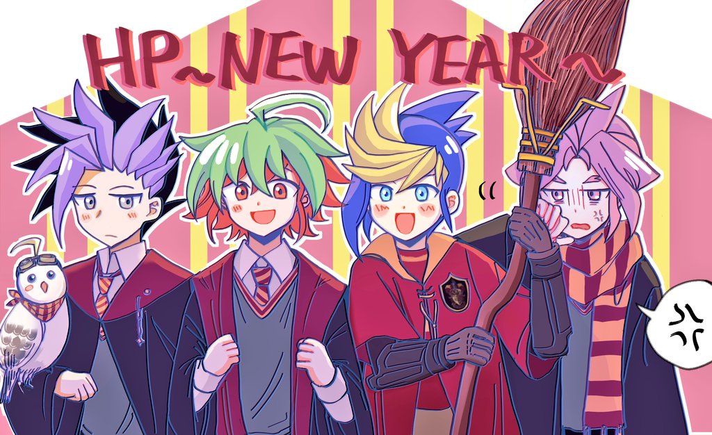 4boys ahoge anger_vein antenna_hair bird black_coat black_eyes black_hair blonde_hair blue_eyes blue_hair broom coat dontbethattvt happy_birthday harry_potter_(series) hogwarts_school_uniform holding holding_broom hugo_(yu-gi-oh!) joeri_(yu-gi-oh!) male_focus medium_hair multicolored_hair multiple_boys necktie owl pun purple_eyes purple_hair red_coat red_eyes red_hair sakaki_yuya scarf school_uniform spiked_hair spoken_anger_vein two-tone_hair upper_body ute_(yu-gi-oh!) wizarding_world yu-gi-oh! yu-gi-oh!_arc-v