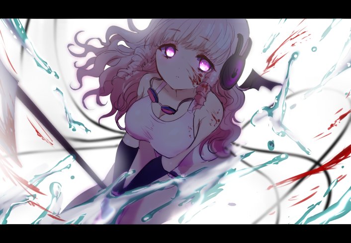 10s 1girl bat_wings blood blood_on_face blood_splatter breasts cleavage female_focus gloves goggles goggles_around_neck headphones letterboxed long_hair mahou_shoujo_ikusei_keikaku mahou_shoujo_ikusei_keikaku_unmarked naginata pink_eyes pink_hair polearm solo swim_swim swimsuit water weapon wings zonsters