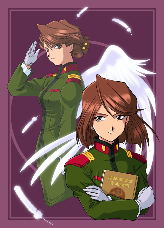 2girls arm_at_side bob_cut book border breast_pocket breasts brown_hair closed_mouth collar collared_jacket cropped_legs cropped_torso crossed_arms feathers fujieda_ayame fujieda_kaede gloves green_jacket green_sleeves hair_between_eyes hair_bun hair_ornament jacket light_brown_hair looking_at_another medium_breasts military_jacket military_uniform multiple_girls non-web_source official_art pencil_skirt plain_epaulettes pocket purple_background purple_border red_collar retro_artstyle sakura_taisen sakura_taisen_ii salute sega siblings simple_background sisters skirt skirt_set smile teeth translation_request very_low_bun white_feathers white_gloves white_wings wings yamaguchi_yasushi