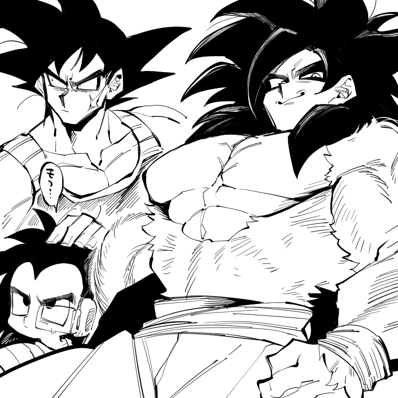 3boys aged_down bardock bare_pectorals brothers commentary_request dragon_ball dragon_ball_gt dragon_ball_minus dragon_ball_super dragon_ball_super_broly facial_scar father_and_son hand_on_another&#039;s_head haseko123 looking_up medium_hair monochrome multiple_boys muscular muscular_male parent_and_child pectorals raditz saiyan_armor scar scar_on_cheek scar_on_face scouter short_hair siblings sketch son_goku spiked_hair super_saiyan super_saiyan_4 sweatdrop wide-eyed widow&#039;s_peak wristband