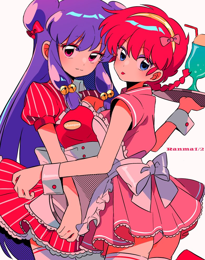 2girls blue-eyes_white_dragon blue_eyes braid braided_ponytail breasts copyright_name cowboy_shot double_bun dress eyeshadow hair_bun holding holding_tray long_hair looking_at_viewer makeup medium_breasts medium_hair multiple_girls pink_dress purple_eyes purple_eyeshadow purple_hair ranma-chan ranma_1/2 red_dress red_hair sanamaru_(sana79261827) shampoo_(ranma_1/2) simple_background tray white_background