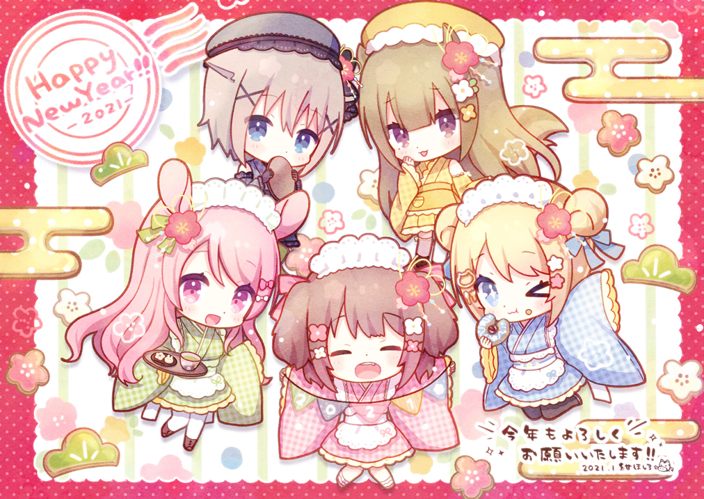 2021 5girls :d animal_ears apron black_footwear black_hat blonde_hair blue_eyes blue_kimono brown_footwear brown_hair center-flap_bangs chibi closed_eyes detached_sleeves doughnut english_text flower food full_body green_kimono hair_between_eyes hair_flower hair_ornament happy_new_year hat holding holding_banner holding_doughnut holding_food holding_tray japanese_clothes kimono kon_hoshiro long_hair long_sleeves looking_at_viewer maid_headdress multiple_girls new_year one_eye_closed open_mouth original pink_eyes pink_flower pink_hair pink_kimono plaid_clothes plaid_kimono purple_eyes purple_kimono sleeves_past_fingers sleeves_past_wrists smile striped_background swept_bangs tea thighhighs tongue tray waist_apron white_apron white_thighhighs yellow_hat yellow_kimono