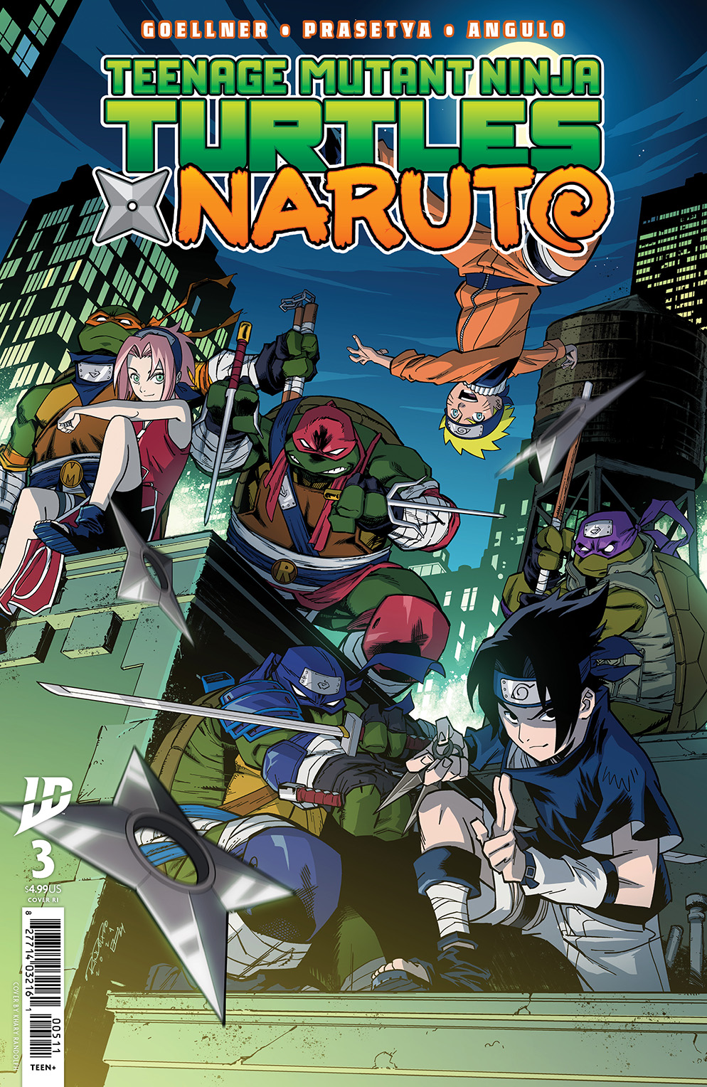 1girl 6+boys bo_staff city colored_skin comic_cover copyright_name crossover donatello_(tmnt) emilio_lopez flak_jacket forehead_protector green_skin haruno_sakura highres holding holding_nunchaku holding_staff holding_sword holding_weapon jacket katana kharyrandolph konohagakure_symbol kunai leonardo_(tmnt) looking_at_viewer mask michelangelo_(tmnt) midair multiple_boys naruto naruto_(series) night nunchaku official_art raphael_(tmnt) sai_(weapon) scarf shuriken smile staff sword teenage_mutant_ninja_turtles teenage_mutant_ninja_turtles_(idw) turtle_boy uchiha_sasuke upside-down uzumaki_naruto weapon