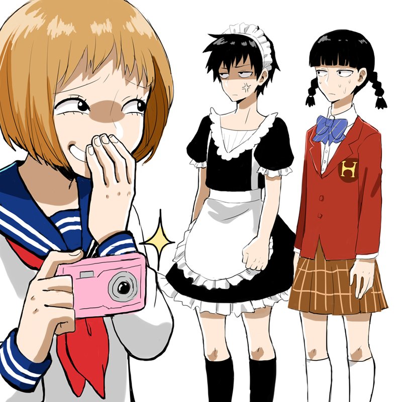 1girl 2boys angry apron black_hair blackmail brown_hair camera crossdressing evil_grin evil_smile grin hand_on_own_face holding holding_camera kageyama_ritsu kageyama_shigeo kneehighs maid_apron maid_headdress mezato_ichi mob_psycho_100 monotsuki multiple_boys pleated_skirt school_uniform serafuku skirt smile socks sweat white_serafuku