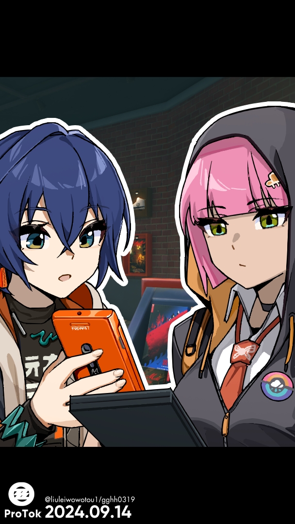 2girls belle_(zenless_zone_zero) black_hoodie blue_hair blunt_bangs breasts cellphone green_eyes holding holding_phone holding_tablet_pc hood hoodie indoors looking_at_phone medium_breasts mochusama multiple_girls phone pink_hair portrait rain_(zenless_zone_zero) smartphone tablet_pc zenless_zone_zero