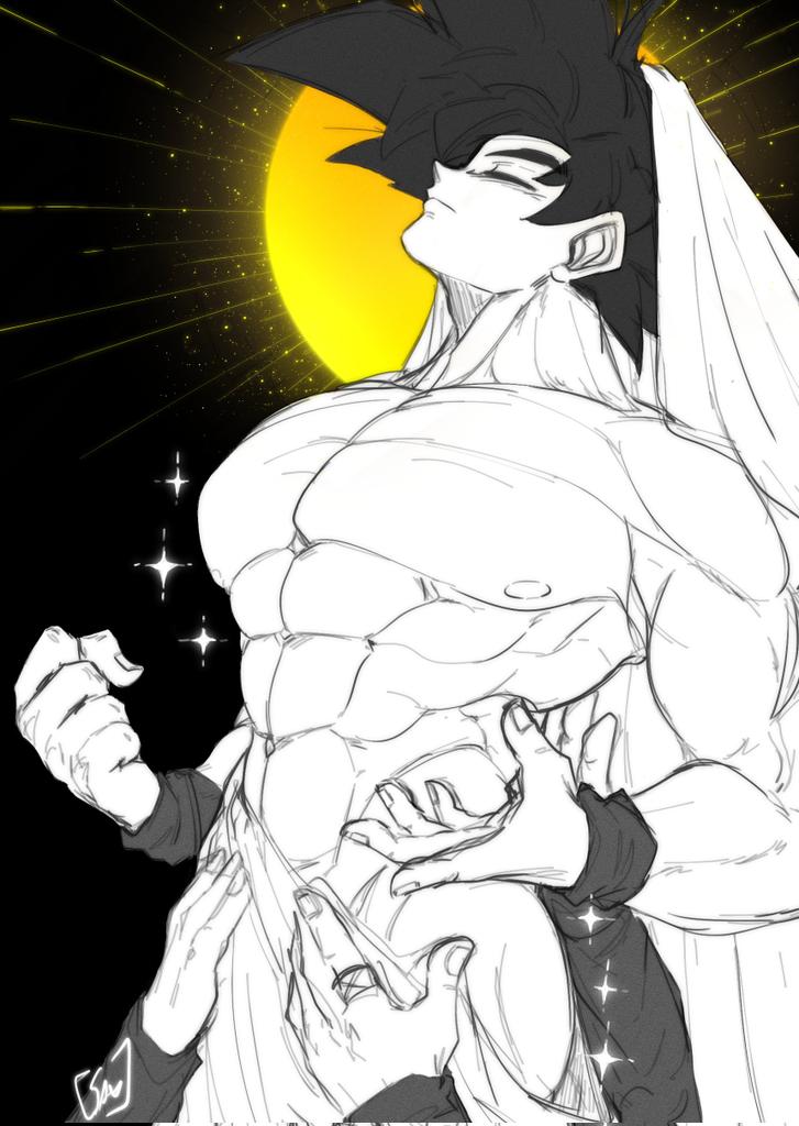 2boys abs bara character_request cowboy_shot dragon_ball dragon_ball_super earrings greyscale halo halo_behind_head jewelry large_pectorals male_focus monochrome multiple_boys muscular muscular_male navel nipples pectorals potara_earrings ring sake_(sak3_xml) shredded_muscles solo_focus son_goku sparkle spiked_hair sunburst topless_male v-taper