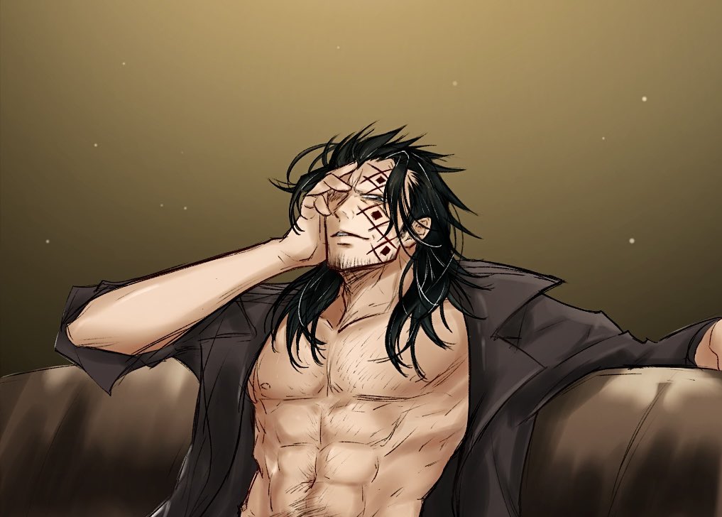 1boy abs beard_stubble black_hair brown_background commentary couch facial_hair facial_tattoo hand_on_own_face kmrbd5118 light_smile long_hair looking_at_viewer male_focus monkey_d._dragon on_couch one_piece open_clothes open_shirt solo stubble tattoo upper_body