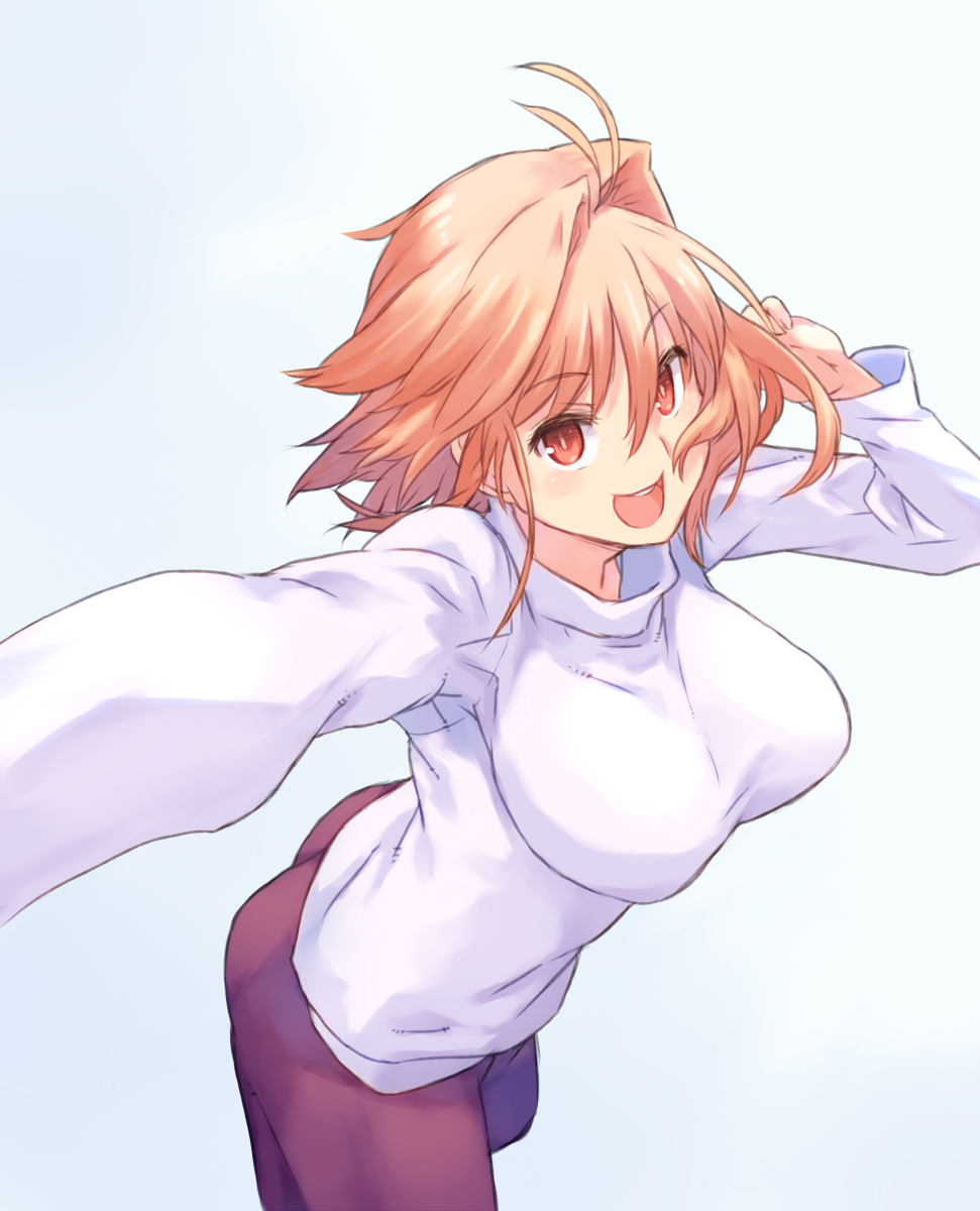 00s 1girl :d arcueid_brunestud auru_t blonde_hair breasts female_focus hair_intakes highres large_breasts long_skirt open_mouth purple_skirt red_eyes short_hair skirt smile solo sweater teeth tsukihime turtleneck