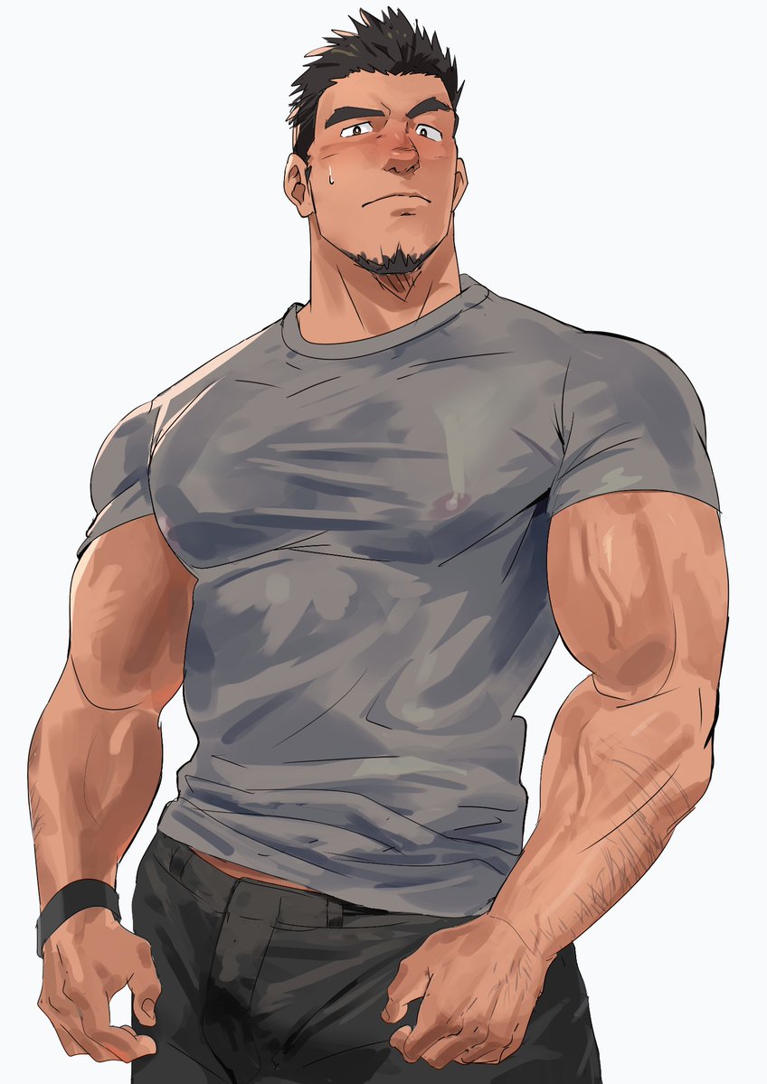 1boy bara black_hair black_pants closed_mouth covered_erect_nipples cowboy_shot facial_hair goatee grey_shirt looking_at_viewer male_focus muscular muscular_arms muscular_male original pants ruizu_(takakisan503) shirt short_hair short_sleeves simple_background solo sweatdrop thick_eyebrows tight_clothes tight_shirt veins veiny_arms white_background