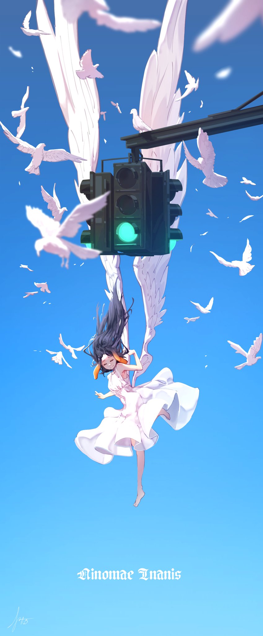 1girl a0s0l alternate_costume barefoot bird blue_sky character_name closed_eyes closed_mouth commentary day dove dress english_commentary falling feathered_wings feet_up floating_hair full_body gradient_hair hand_up highres hololive hololive_english large_wings long_hair low_wings midair multicolored_hair ninomae_ina&#039;nis orange_hair outdoors pleated_dress purple_hair sidelocks sky sleeveless sleeveless_dress smile solo sundress tentacle_hair traffic_light virtual_youtuber white_dress white_wings wings