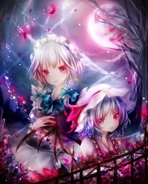 2girls bat_wings blue_hair braid dress female_focus fence full_moon hat hat_ribbon izayoi_sakuya lights maid maid_headdress moon multiple_girls night petals pink_dress pink_eyes remilia_scarlet ribbon setsu short_hair silver_hair touhou tree twin_braids wings