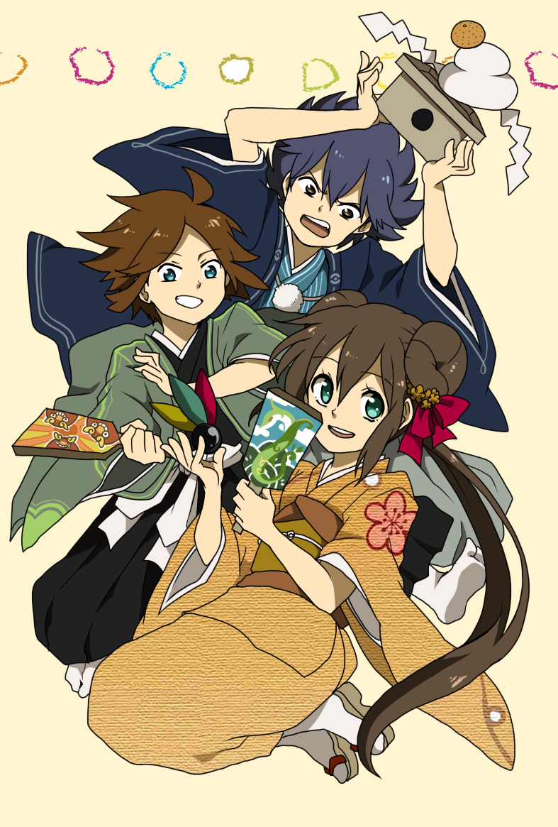 10s 1girl 2boys black_hair blue_eyes bow brown_eyes brown_hair creatures_(company) double_bun doughnut_hair_bun floral_print game_freak green_eyes grin hagoita hair_bow hair_bun hane_(hanetsuki) hugh_(pokemon) japanese_clothes kimono long_hair looking_at_viewer multiple_boys nate_(pokemon) new_year nintendo obi paddle pokemon pokemon_bw2 rosa_(pokemon) sash sei_(shinkai_parallel) smile spiked_hair twintails