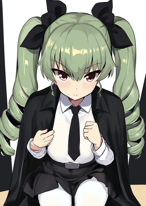 1girl anchovy_(girls_und_panzer) anzio_school_uniform belt black_belt black_cape black_necktie black_ribbon black_skirt brown_eyes cape closed_mouth commentary dress_shirt drill_hair frown girls_und_panzer green_hair hair_ribbon long_hair long_sleeves looking_at_viewer miniskirt necktie pantyhose pleated_skirt ribbon school_uniform shino_(ten-m) shirt sitting skirt solo twin_drills twintails white_pantyhose white_shirt wing_collar