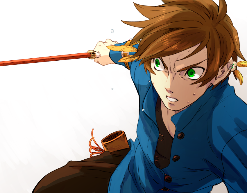 10s 1boy angry bad_id bad_pixiv_id blue_shirt brown_hair buttons earrings feather_earrings feathers flying_sweatdrops gradient_background green_eyes hair_ornament holding holding_weapon jewelry male_focus pants shirt short_hair simple_background solo sorey_(tales) sweatdrop sword tales_of_(series) tales_of_zestiria tasasakiamagu undershirt upper_body weapon white_background