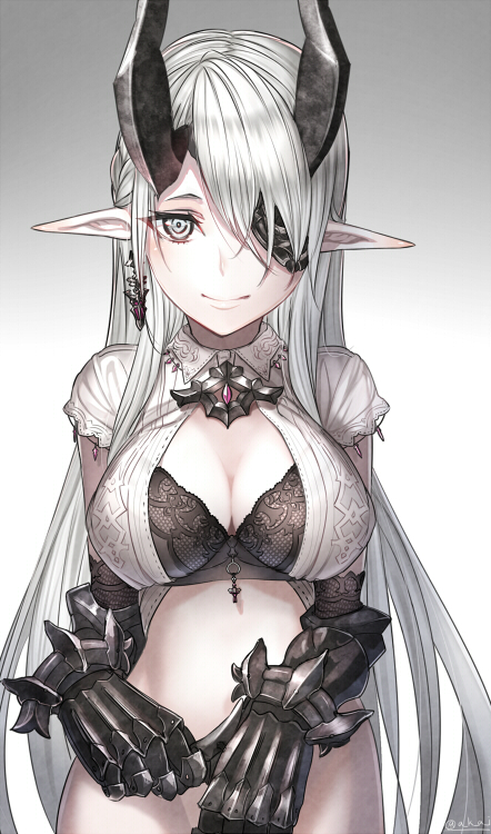 1girl akaitera armor black_bra black_eyes blush bra breasts cleavage closed_mouth earrings eyepatch gauntlets gradient_background grey_eyes horns jewelry large_breasts light_blush long_hair looking_at_viewer monster_girl original pointy_ears silver_hair single_earring smile solo underwear