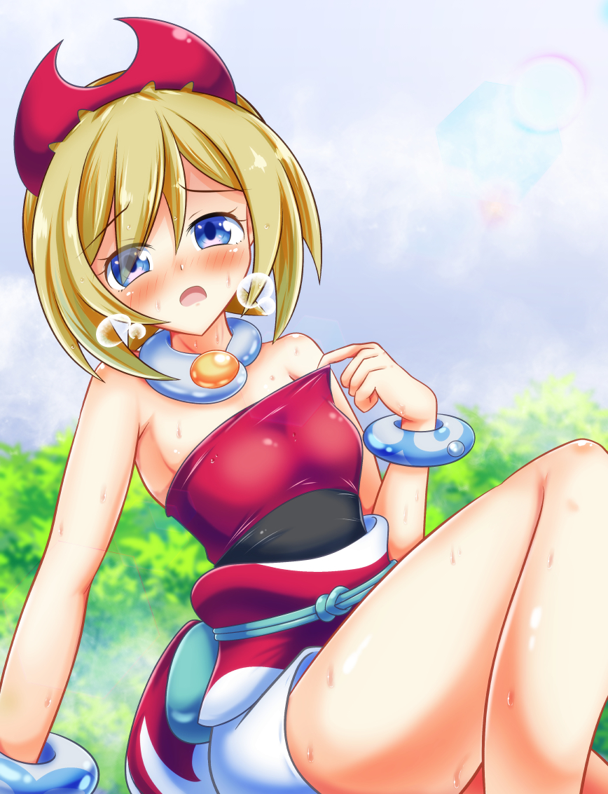 1girl armpits bangle bare_shoulders blonde_hair blue_eyes blush bracelet breasts breath creatures_(company) foliage game_freak hair_between_eyes hairband hot irida_(pokemon) jewelry kyou_(hibikit) leg_up neck_ring necklace nintendo open_mouth outdoors pokemon pokemon_legends:_arceus red_hairband sash shirt shirt_tug sitting sky small_breasts strapless strapless_shirt sweat