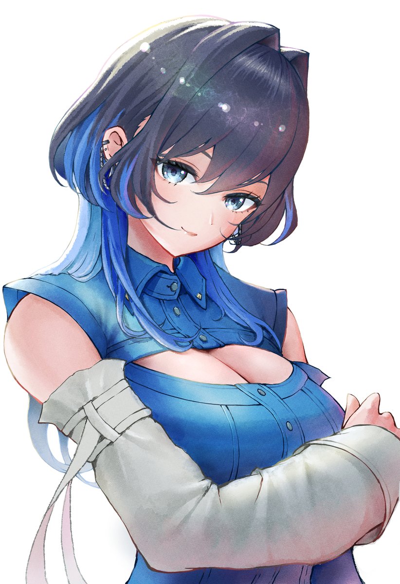 1girl bare_shoulders blue_eyes blue_hair blue_shirt breasts buttons chain chain_earrings cleavage cleavage_cutout clothing_cutout collared_shirt colored_inner_hair hair_intakes highres hololive hololive_english large_breasts multicolored_hair official_alternate_costume official_alternate_hairstyle ouro_kronii ouro_kronii_(4th_costume) shirt sleeveless sleeveless_shirt tomozoo83 turtleneck upper_body virtual_youtuber wolf_cut