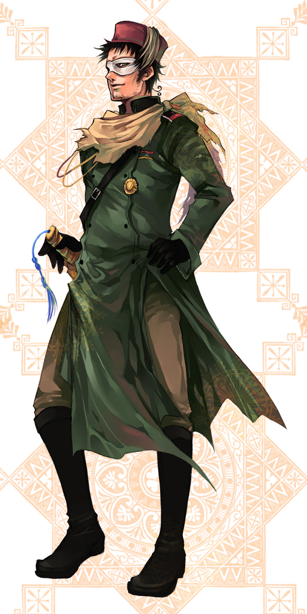 00s 1boy ahoge antenna_hair axis_powers_hetalia beard_stubble boots brown_hair ecthelian facial_hair fez_hat full_body gloves green_eyes highres knee_boots male_focus mask military military_uniform sideburns_stubble solo stubble sword tassel turkey_(hetalia) weapon