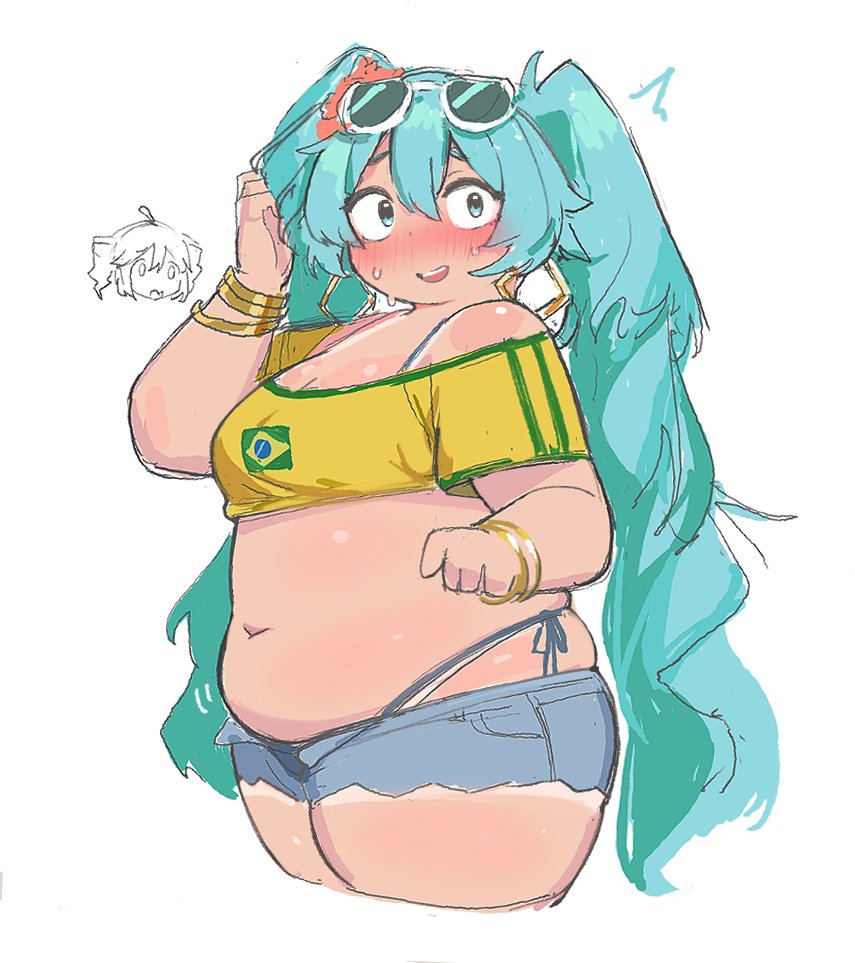 2girls ahoge alternate_body_size aqua_eyes aqua_hair belly blush brazilian_miku breasts cowboy_shot drill_hair fat hair_between_eyes hatsune_miku kasane_teto long_hair medium_breasts muffin_top multiple_girls nimo_(b45ui) open_mouth simple_background sweat thick_arms thick_thighs thighs twin_drills utau vocaloid white_background