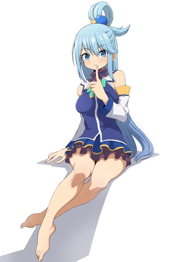 1girl aqua_(konosuba) bad_id bad_pixiv_id barefoot blue_dress blue_eyes blue_hair bow breasts detached_sleeves dress feet finger_to_mouth hair_rings kono_subarashii_sekai_ni_shukufuku_wo! legs long_hair miniskirt salpin shoulderless_dress simple_background single_hair_ring sitting skirt thighs toes white_background