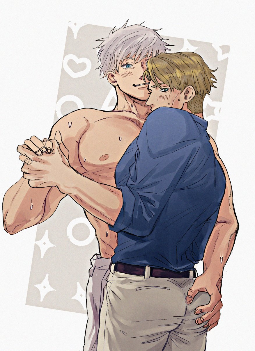 2boys bara blonde_hair blue_eyes blue_shirt blush closed_mouth cowboy_shot gojou_satoru goron_tkbprpr grabbing_another&#039;s_ass green_eyes grey_pants groping hand_on_another&#039;s_ass heart heart_background highres holding_hands jujutsu_kaisen large_pectorals looking_at_viewer looking_back male_focus mature_male multiple_boys muscular muscular_male nanami_kento nipples pants pectorals shirt short_hair sparkle_background topless_male two-tone_background white_hair white_pants yaoi