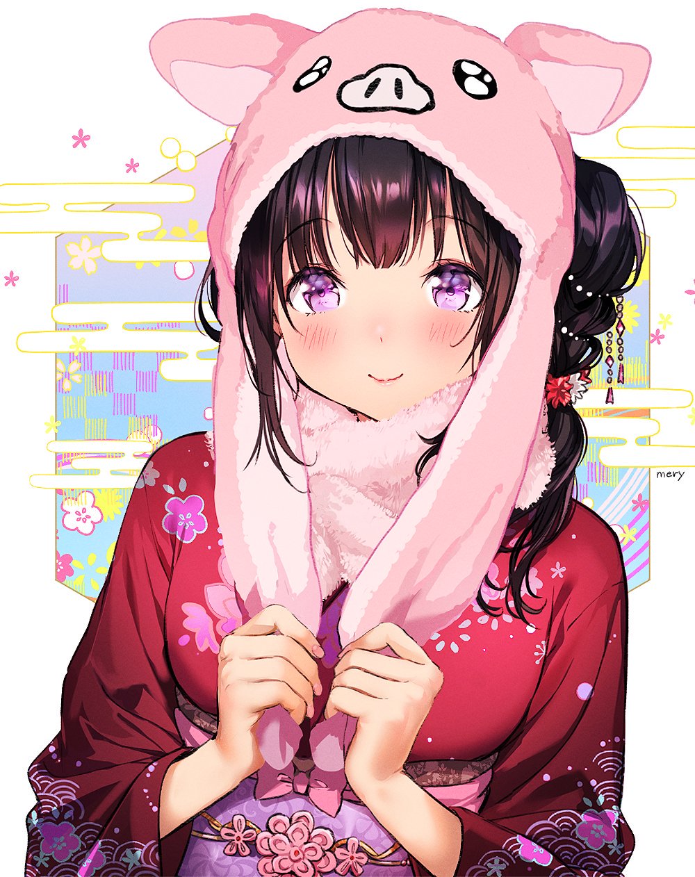 1girl animal_hood artist_name black_hair chitanda_eru floral_print hair_ornament highres hood hyouka japanese_clothes kimono long_hair looking_at_viewer mery_(yangmalgage) pig_hood pink_scarf print_kimono purple_eyes red_kimono scarf side_ponytail solo upper_body