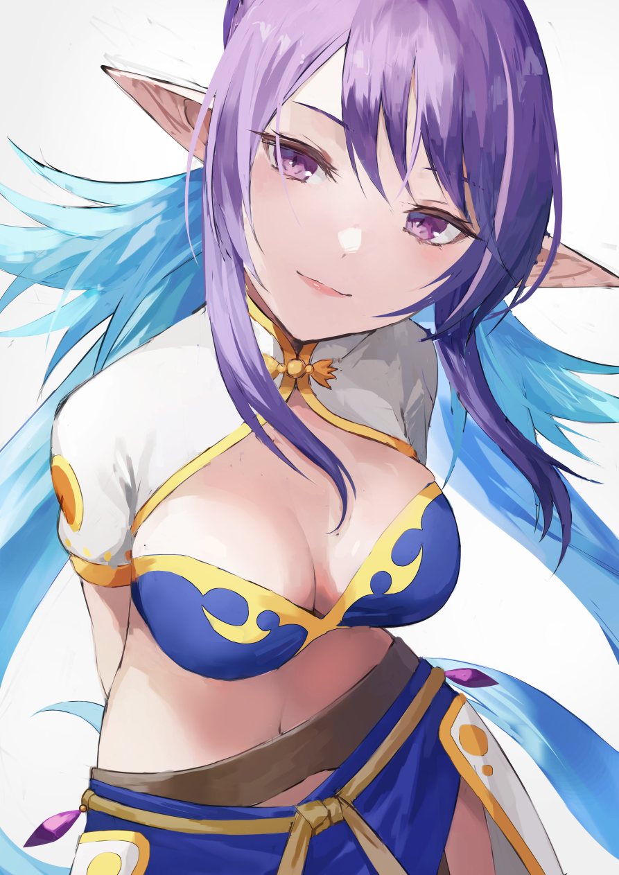 1girl arms_behind_back bandeau blue_hair commentary fagi_(kakikaki) grey_background highres judith_(tales) long_hair looking_at_viewer midriff multicolored_hair navel pointy_ears purple_eyes purple_hair short_sleeves shrug_(clothing) smile solo stomach tales_of_(series) tales_of_vesperia upper_body very_long_hair