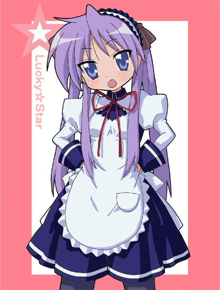 alternate_costume bad_id bad_pixiv_id blue_eyes enmaided heppoko_r hiiragi_kagami long_hair lucky_star maid pantyhose parody purple_hair solo suzumiya_haruhi_no_yuuutsu twintails waitress