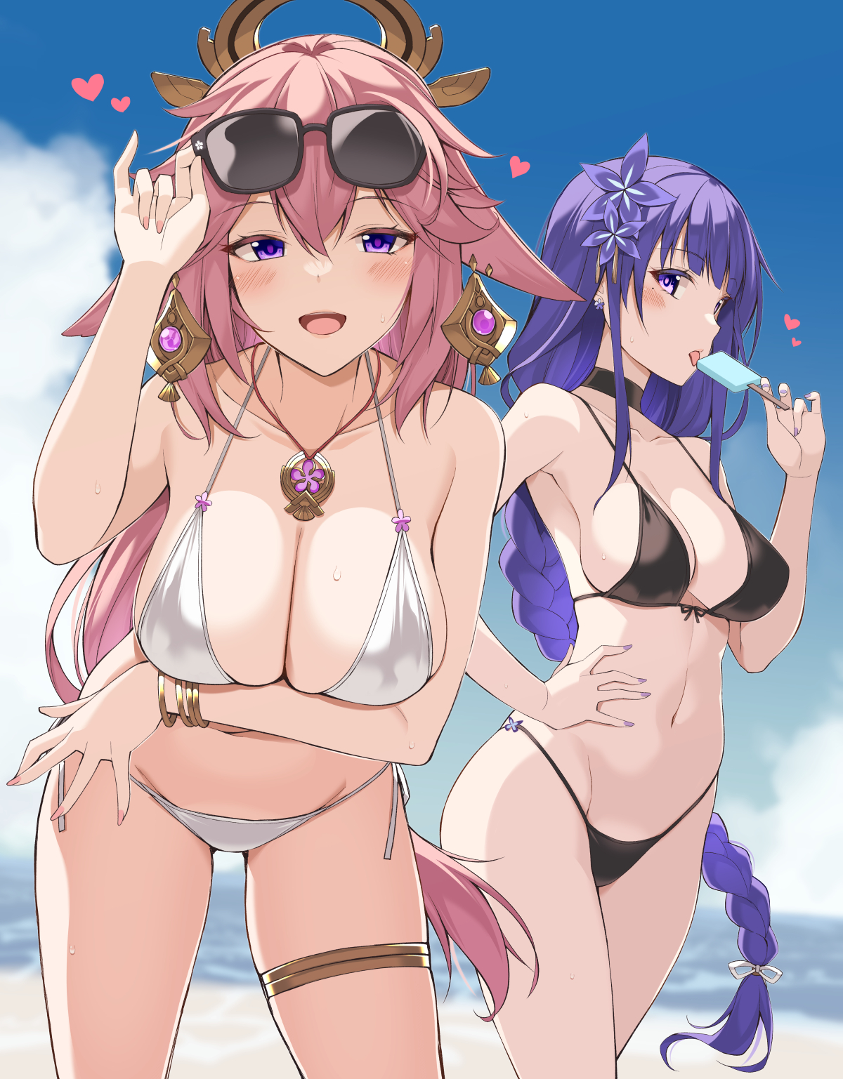 ohta yuichi, raiden shogun, yae miko, genshin impact, commentary request,  highres, 2girls, beach, bikini, black bikini, blue sky, blurry, blurry  background, blush, bracelet, braid, breasts, bridal garter, cloud, day,  eyewear on head,