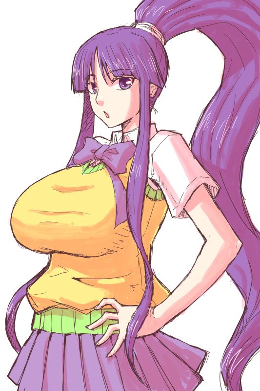 1girl blunt_bangs bow breasts eiken hands_on_own_hips large_breasts long_hair looking_at_viewer misono_kirika open_mouth ponytail purple_eyes purple_hair purple_skirt school_uniform shibumi short_sleeves sidelocks skirt solo sweater_vest very_long_hair yellow_sweater_vest zashono_academy_school_uniform