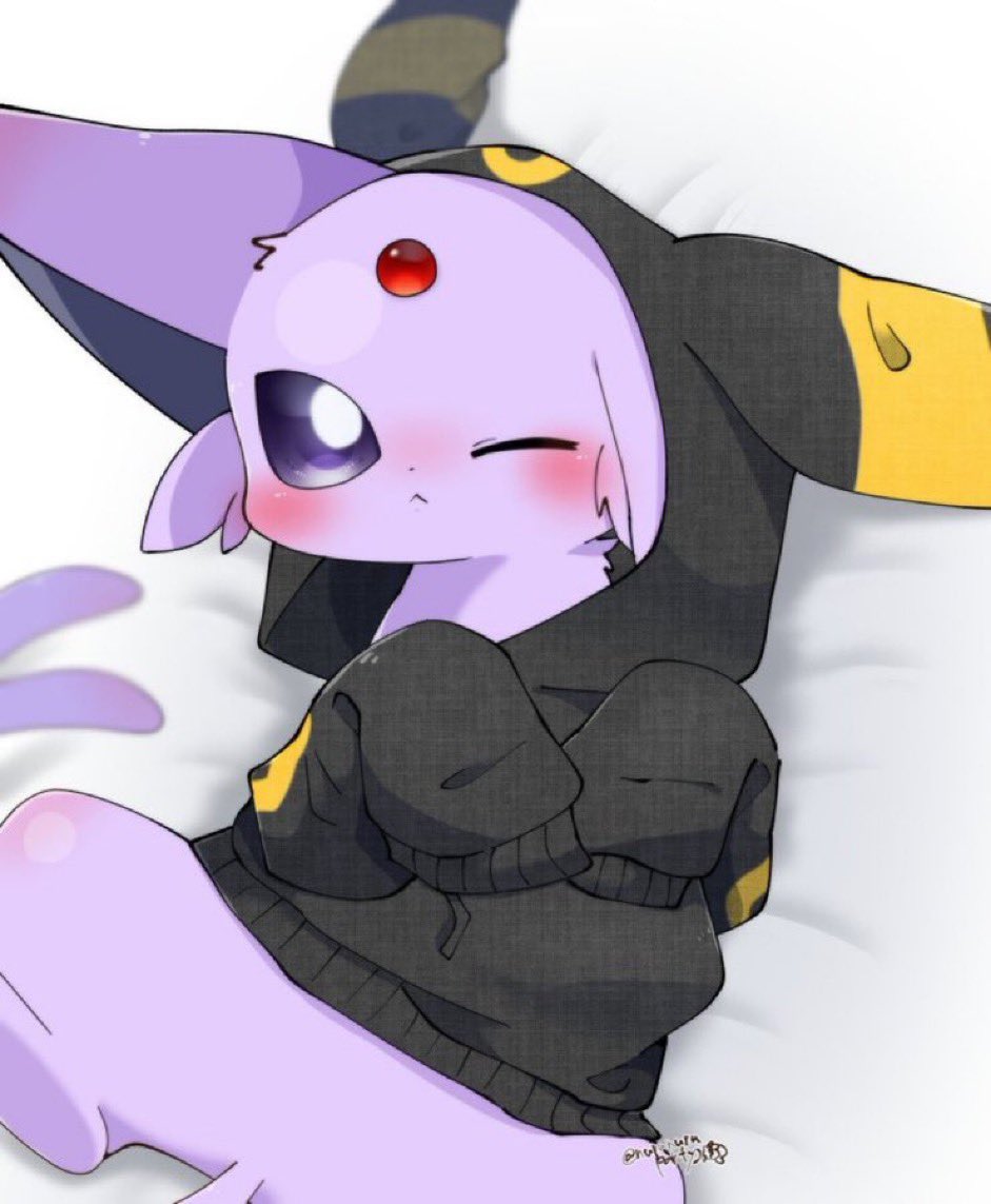 animal_focus blush closed_mouth cosplay creatures_(company) espeon forehead_jewel forked_tail game_freak gen_2_pokemon hood hoodie lying nintendo on_back one_eye_closed pokemon pokemon_(creature) pon_(nurunuruparty26) purple_eyes solo tail umbreon umbreon_(cosplay)