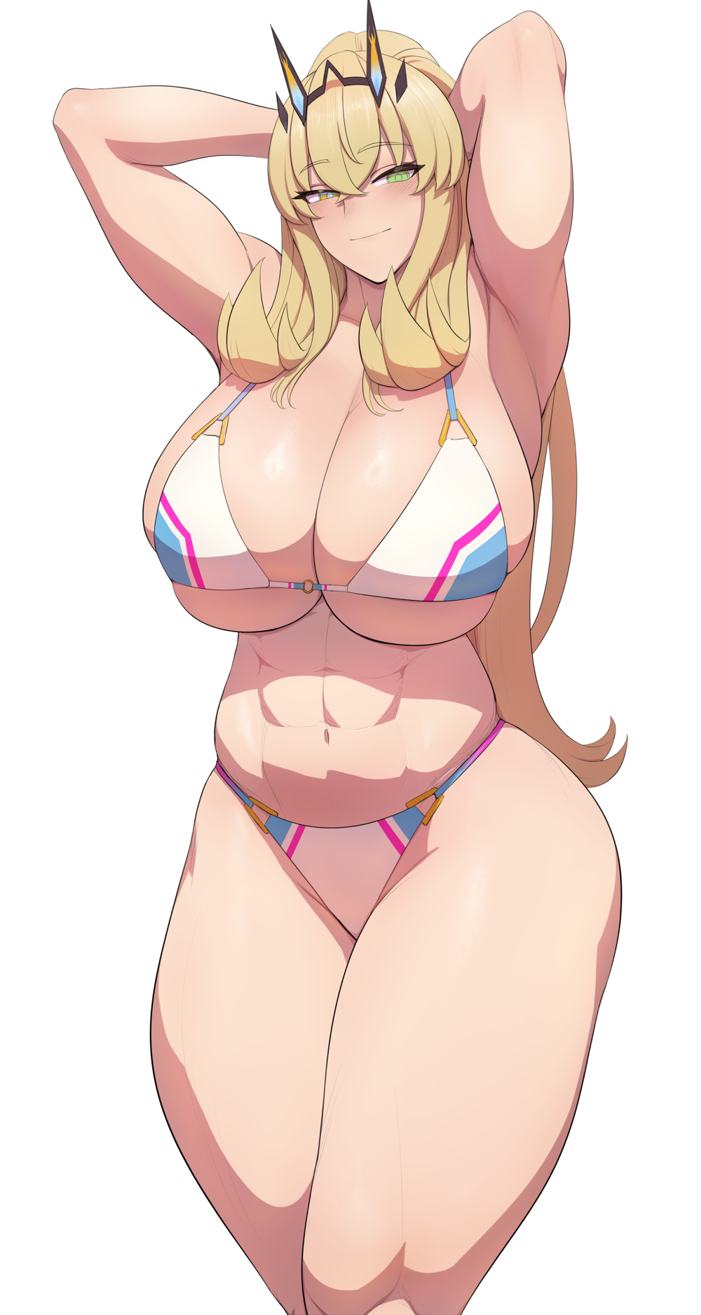 1girl abs armpits arms_behind_head arms_up bare_shoulders barghest_(fate) barghest_(swimsuit_archer)_(fate) barghest_(swimsuit_archer)_(final_ascension)_(fate) biceps bikini blonde_hair blush breasts cleavage fate/grand_order fate_(series) green_eyes highres horns huge_breasts long_hair looking_at_viewer lvl_(sentrythe2310) multicolored_bikini multicolored_clothes muscular muscular_female navel ponytail smile solo swimsuit thick_thighs thighs white_bikini