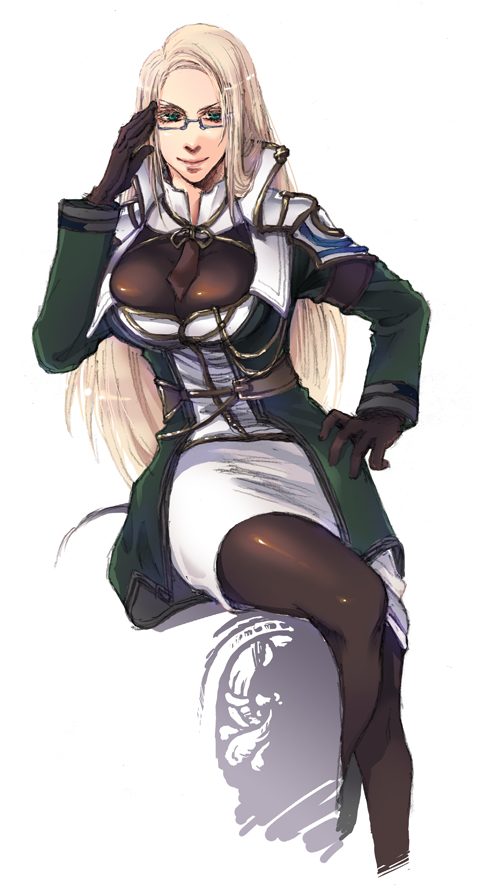 10s 1girl adjusting_eyewear bad_id bad_pixiv_id blonde_hair breasts cleavage female_focus final_fantasy final_fantasy_xiii glasses gloves green_eyes jihl_nabaat large_breasts long_hair miniskirt mugizo pantyhose salute sitting skirt solo