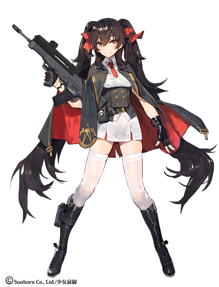 1girl assault_rifle belt black_gloves black_hair boots brown_eyes bullpup buttons cape closed_mouth eyebrows female_focus fingerless_gloves full_body girls&#039;_frontline gloves gun hair_between_eyes hair_ribbon holding holding_gun holding_weapon holster kishiyo long_hair looking_at_viewer necktie official_art pleated_skirt qbz-97 red_ribbon ribbon rifle skirt smile solo standing strap thighhighs transparent_background trigger_discipline twintails type_97_(girls&#039;_frontline) very_long_hair weapon white_background white_thighhighs