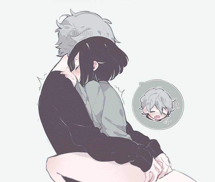 1boy 1girl ass_grab black_hair black_sweater blush chibi chibi_inset couple closed_eyes grey_hair grey_shirt hetero implied_sex nihellie nose_blush open_mouth original shirt short_hair simple_background sitting straddling sweater symbol-only_commentary twitter_username