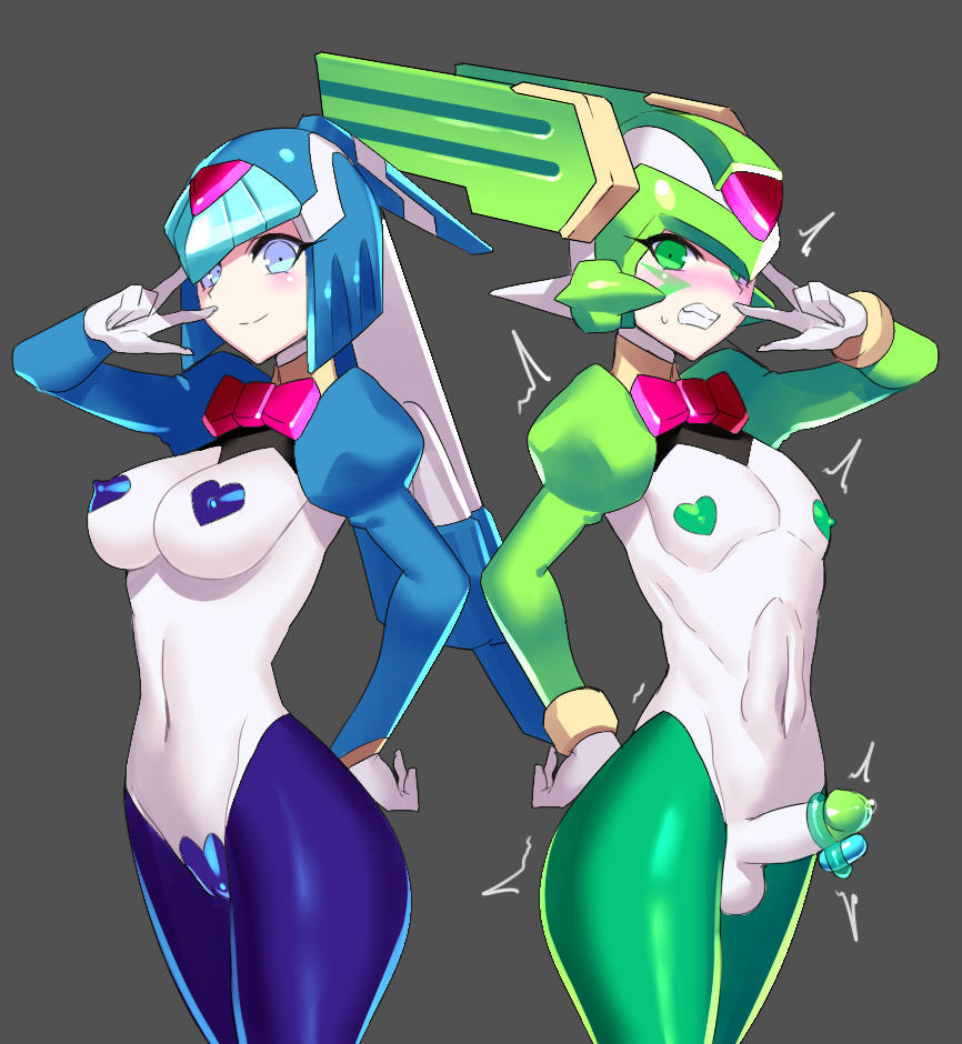 1boy 1girl blue_eyes blush brother_and_sister capcom erection fairy_leviathan_(mega_man) green_eyes helmet mega_man_(series) mega_man_zero_(series) meme_attire pasties penis reverse_bunnysuit reverse_outfit sage_harpuia_(mega_man) sex_toy siblings tagme trap ukimukai vibrator vibrator_on_penis