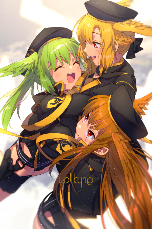 3girls belt beret black_gloves black_headwear black_jacket black_leotard black_one-piece_swimsuit blonde_hair blush breasts closed_eyes echo_(circa) fate/grand_order fate_(series) geirskogul_(fate) gloves green_hair gun hat head_wings highleg highleg_one-piece_swimsuit holster hood hooded_jacket jacket leotard long_hair long_sleeves medium_breasts medium_hair multiple_girls olrun_(fate) one-piece_swimsuit open_mouth orange_hair red_eyes rindr_(fate) smile swimsuit thighs twintails valkyrie_(fate) weapon wings