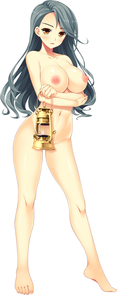 1girl amano_kozue asymmetrical_bangs barefoot breasts completely_nude crossed_arms full_body grey_hair holding lamp large_breasts long_hair navel nipples no_pussy nude official_art orange_eyes sis_camp solo transparent_background