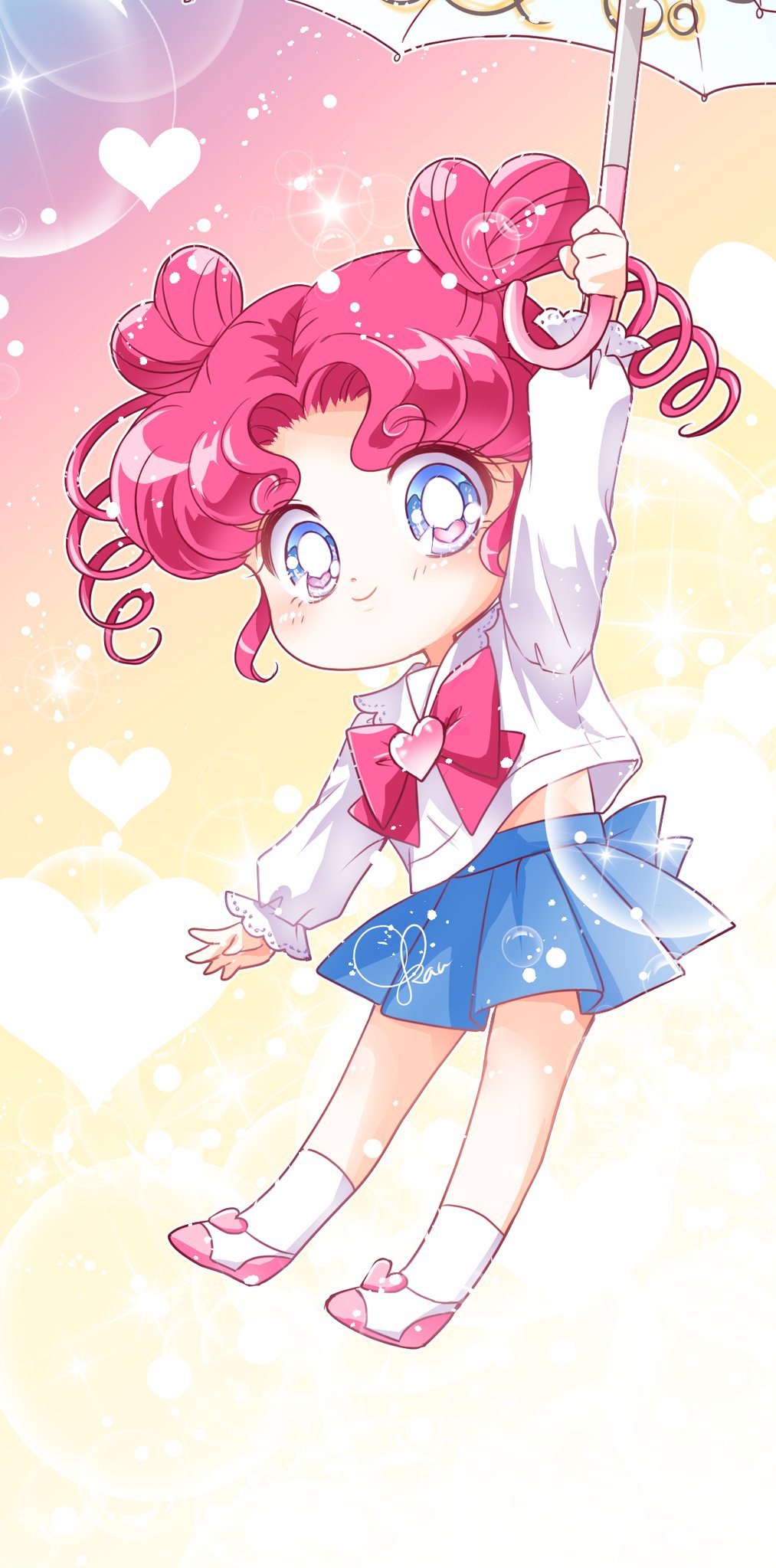 1girl bishoujo_senshi_sailor_moon bishoujo_senshi_sailor_moon_stars blue_eyes blue_skirt brooch chibi_chibi curly_hair double_bun drill_hair hair_bun heart_hair_bun highres jewelry pink_footwear red_hair sarashina_kau shirt shoes simple_background skirt smile solo umbrella waist_brooch white_background white_shirt