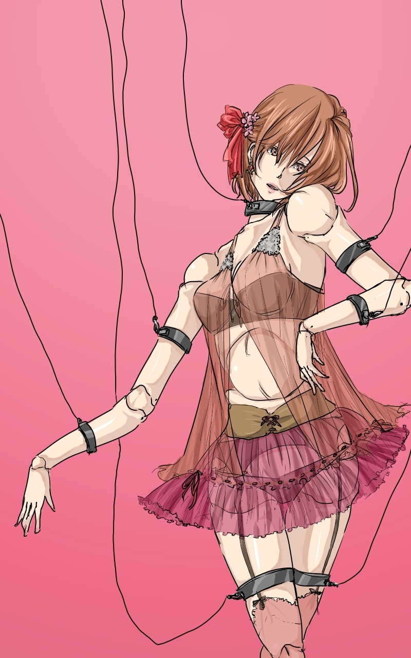 1girl doll doll_joints dress female_focus highres joints lingerie marionette meiko_(vocaloid) nishiogikubo puppet short_hair solo thighhighs underwear vocaloid