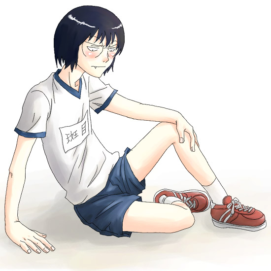 00s 1boy bob_cut fang genshiken glasses gym_uniform madarame_harunobu male_focus otaku shoes short_hair sneakers solo spoilers aged_down